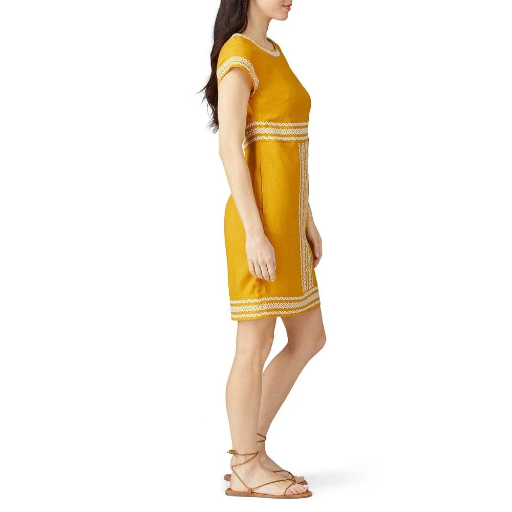 Boden Laura Linen Embroidered Mustard Yellow Linen Shift Dress US 8R